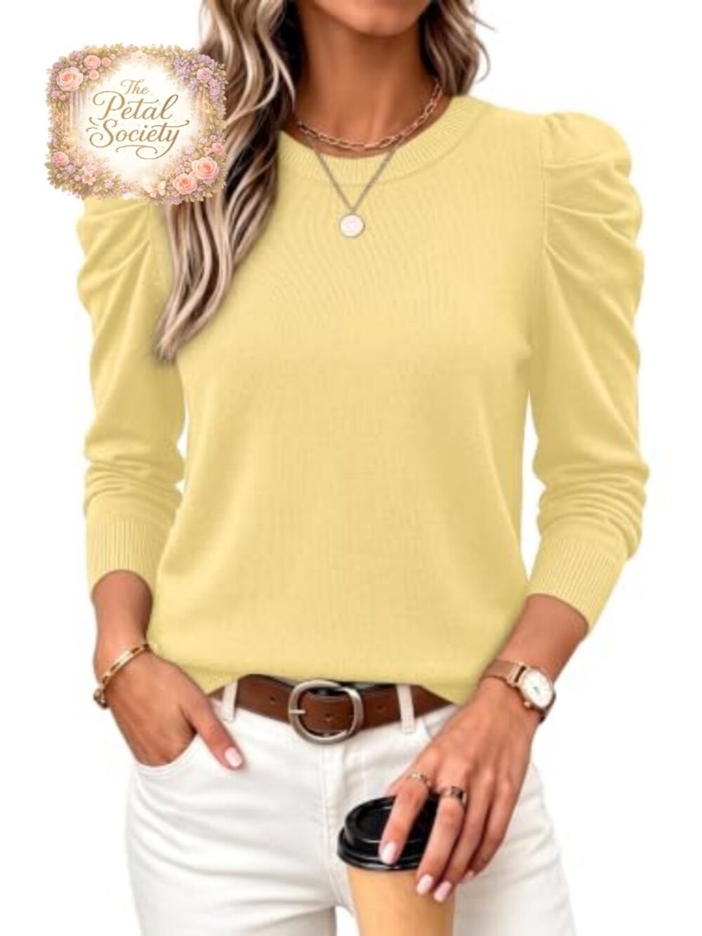 Womens Long Sleeve Puff Sleeve Knit Pullover Sweater Crew Neck Fall